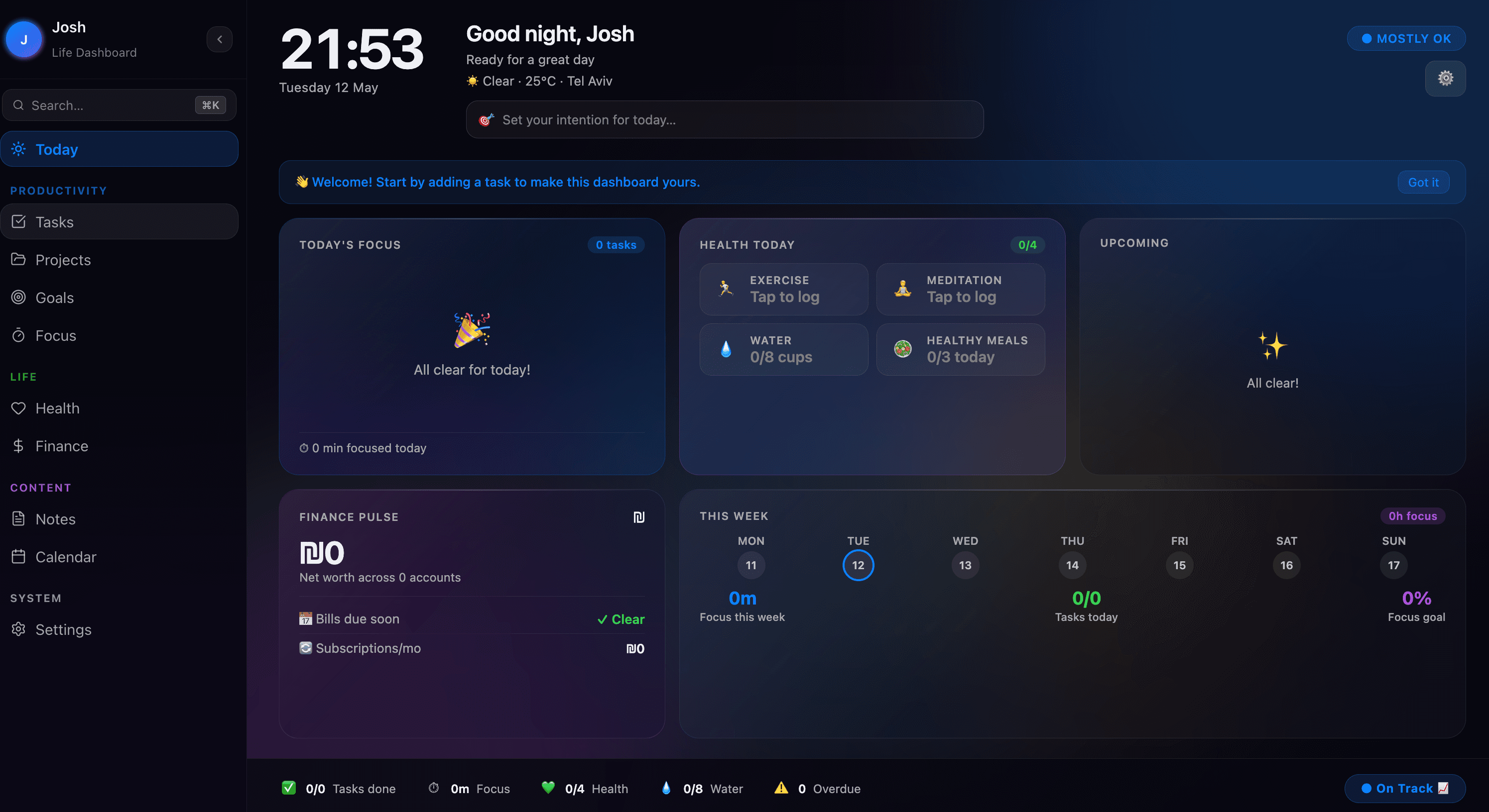 Life Dashboard: daily briefing view with calendar, health metrics and AI-surfaced priorities
