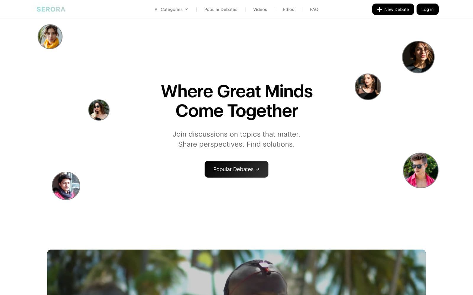 Serora live home page with floating member avatars