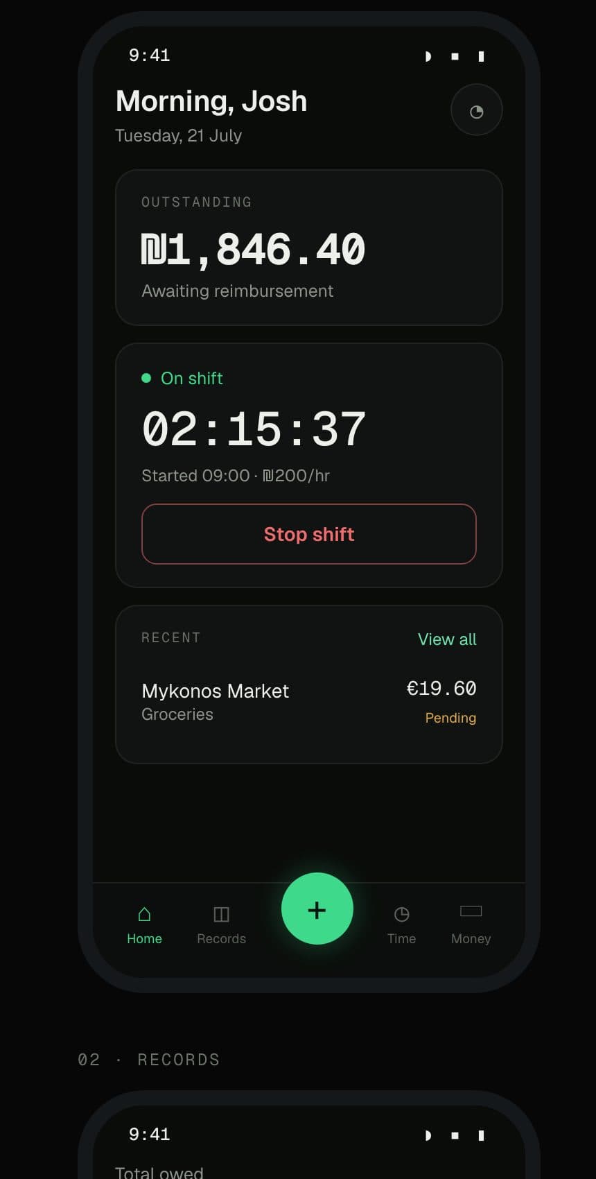 Chef OS mobile Today screen: outstanding amount, on-shift timer and stop shift button